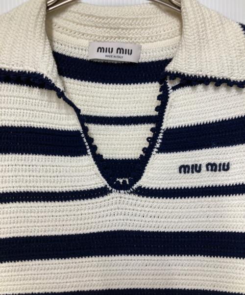 MIU MIU（ミュウミュウ）MIU MIU (ミュウミュウ) コットンクロシェニットミニドレス ホワイト×ネイビー サイズ:40の古着・服飾アイテム