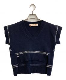 MARNI（マルニ）の古着「Logo Virgin Wool V Neck Sweater」｜ネイビー