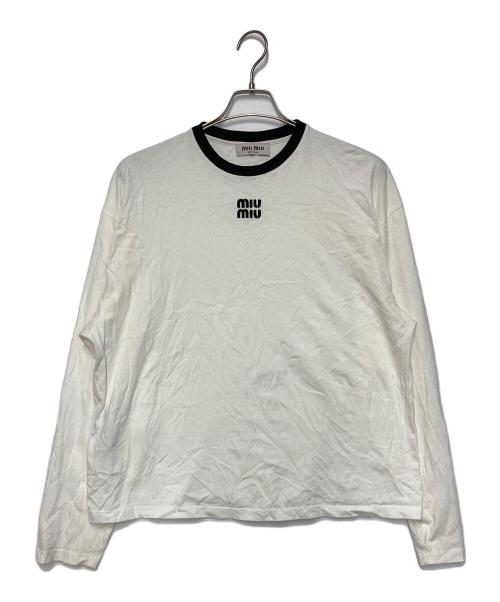 MIU MIU（ミュウミュウ）MIU MIU (ミュウミュウ) ロゴ刺繍Tシャツ ホワイト×ブラック サイズ:Mの古着・服飾アイテム