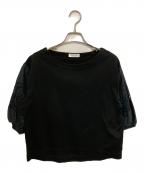BEAUTY&YOUTHビューティーアンドユース）の古着「ジャージー×カットワークボートネック6分袖カットソー」｜ブラック