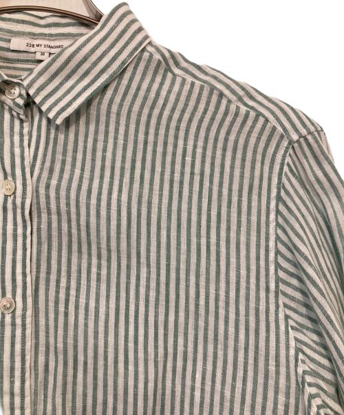 23区（ニジュウサンク）23区 (ニジュウサンク) ストライプリネンシャツ グリーン×ホワイト サイズ:Ｍの古着・服飾アイテム