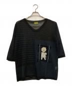 Alberobelloアルベロベロ）の古着「ぶたさんアップリケボーダーポケットシアーニット」｜ブラック