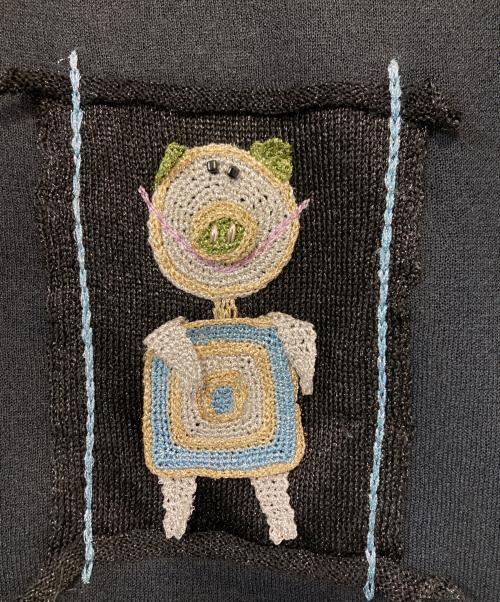 Alberobello（アルベロベロ）Alberobello (アルベロベロ) ぶたさんアップリケボーダーポケットシアーニット ブラック サイズ:記載なしの古着・服飾アイテム