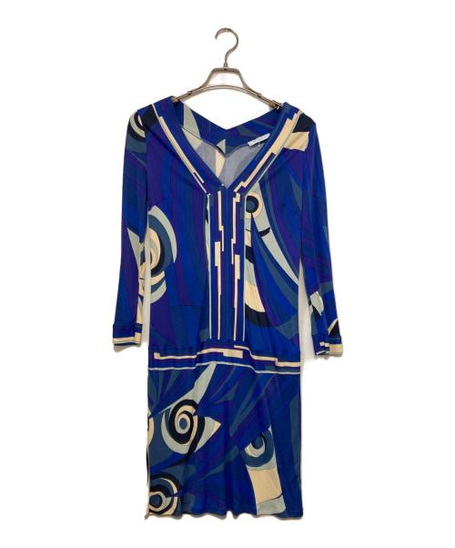 Emilio Pucci（エミリオ プッチ）Emilio Pucci (エミリオ プッチ) ストレッチ総柄Vネックワンピース パープル×ブルー サイズ:40の古着・服飾アイテム
