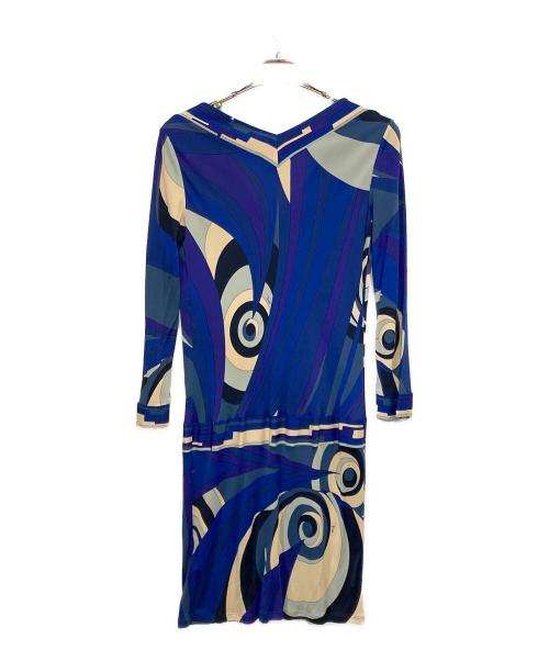 Emilio Pucci（エミリオ プッチ）Emilio Pucci (エミリオ プッチ) ストレッチ総柄Vネックワンピース パープル×ブルー サイズ:40の古着・服飾アイテム