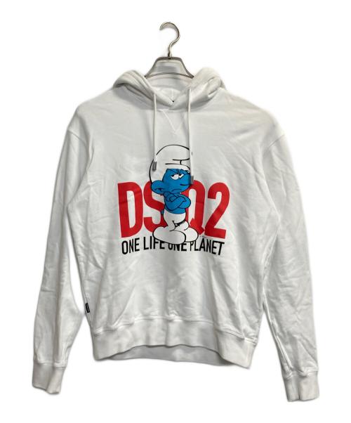 DSQUARED2（ディースクエアード）DSQUARED2 (ディースクエアード) SMURFS COOL SWEATSHIRT ロゴ スウェット フーディ ホワイト サイズ:Sの古着・服飾アイテム
