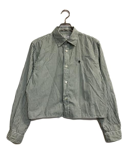 Gymphlex（ジムフレックス）Gymphlex (ジムフレックス) ショートボタンダウンストライプL/Sシャツ ホワイト×グリーン サイズ:14の古着・服飾アイテム