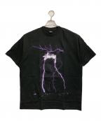stussyステューシー）の古着「STORM T / サンダーストームロゴTシャツ」｜ブラック