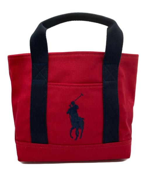RALPH LAUREN（ラルフローレン）RALPH LAUREN (ラルフローレン) ポロ刺繍ハンドバッグ ネイビー×レッドの古着・服飾アイテム