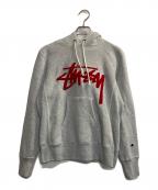 Champion REVERSE WEAVE×stussyチャンピオン リバース ウィーブ×ステューシー）の古着「コラボプルオーバーパーカー」｜グレー