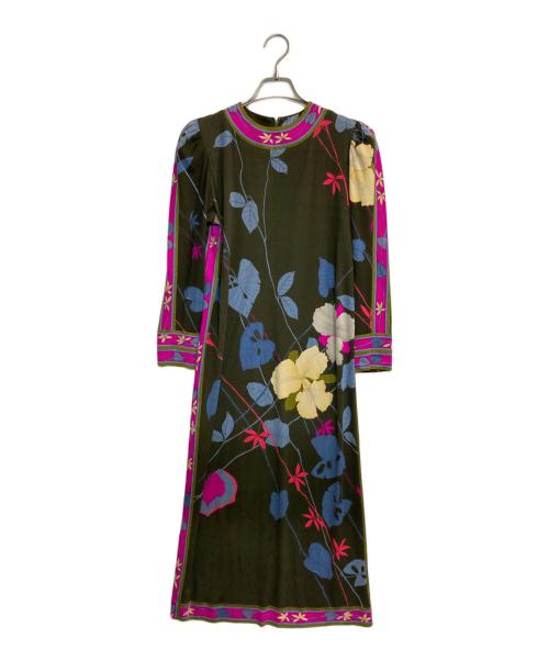 LEONARD（レオナール）LEONARD (レオナール) パワーショルダーボタニカル柄シルクワンピース グリーン サイズ:-の古着・服飾アイテム