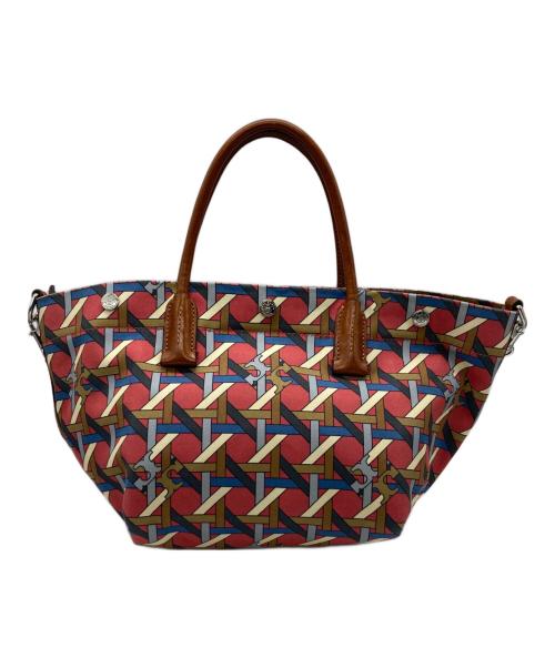 TORY BURCH（トリーバーチ）TORY BURCH (トリーバーチ) Canvas Basketweave Small Tote Bag / 総柄2WAYバッグ レッドの古着・服飾アイテム