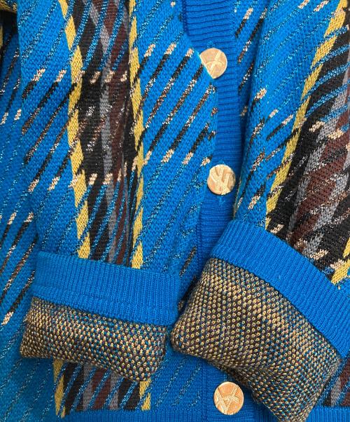 Yves Saint Laurent（イヴサンローラン）Yves Saint Laurent (イヴサンローラン) スリット糸ニットカーディガン イエロー×ブルー サイズ:Mの古着・服飾アイテム