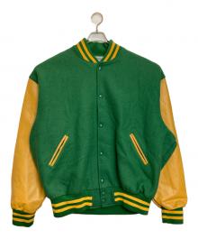 Gem SPORTSWEAR（ジェムスポーツウェア）の古着「レザースリーブスタジャン」｜グリーン×イエロー