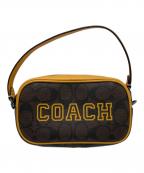 COACHコーチ）の古着「ジェイミー リストレット シグネチャー キャンバス ウィズ ヴァーシティ モチーフ COACH®,ジェイミー リストレット シグネチャー キャンバス ウィズ ヴァーシティ モチーフ,ポーチ&リストレット, ジェイミー リストレット シグネチャー キャンバス ウィズ ヴァーシティ モチーフ」｜イエロー×ブラウン