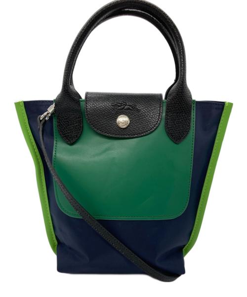 LONGCHAMP（ロンシャン）LONGCHAMP (ロンシャン) レザー切替ショルダーバッグ グリーン×ネイビーの古着・服飾アイテム