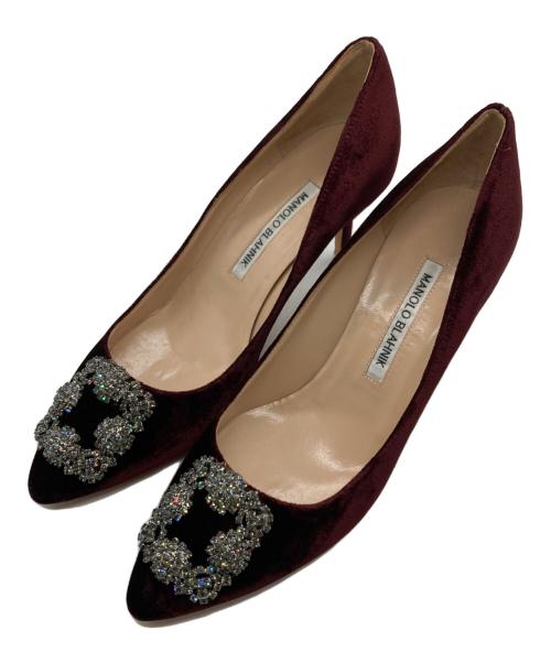 Manolo Blahnik（マノロブラニク）Manolo Blahnik (マノロブラニク) HANGISI ビジュー付きベロアパンプス ボルドー サイズ:381/2の古着・服飾アイテム