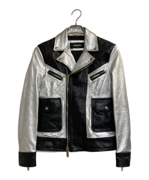 DSQUARED2（ディースクエアード）DSQUARED2 (ディースクエアード) ラムスキン・カウハイドコンビバイカラーバイカージャケット ブラック×シルバー サイズ:42の古着・服飾アイテム