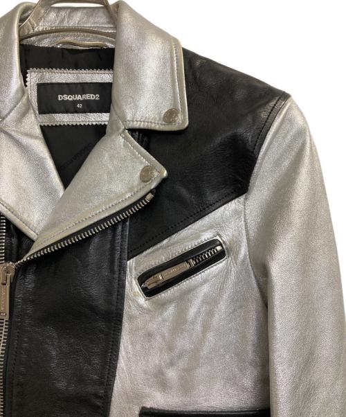 DSQUARED2（ディースクエアード）DSQUARED2 (ディースクエアード) ラムスキン・カウハイドコンビバイカラーバイカージャケット ブラック×シルバー サイズ:42の古着・服飾アイテム