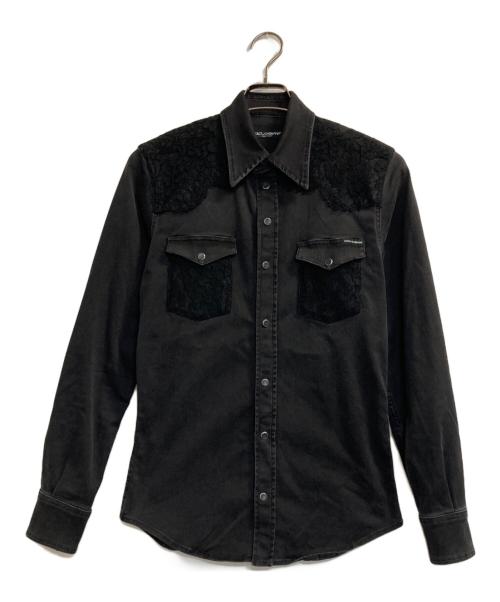 DOLCE & GABBANA（ドルチェ＆ガッバーナ）DOLCE & GABBANA (ドルチェ＆ガッバーナ) レースヨークストレッチデニムウエスタンシャツ ブラック サイズ:37の古着・服飾アイテム