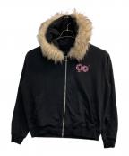 9090 girlナインティナインティ ガール）の古着「90 Logo Far Zip Hoodie/レオパードロゴファー付きジップパーカー」｜ブラック×ピンク