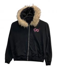 9090 girl（ナインティナインティ ガール）の古着「90 Logo Far Zip Hoodie/レオパードロゴファー付きジップパーカー」｜ブラック×ピンク