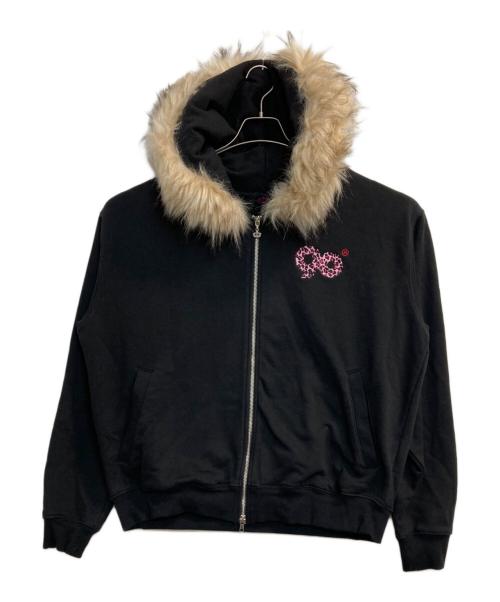 9090 girl（ナインティナインティ ガール）9090 girl (ナインティナインティ ガール) 90 Logo Far Zip Hoodie/レオパードロゴファー付きジップパーカー ブラック×ピンク サイズ:Mの古着・服飾アイテム