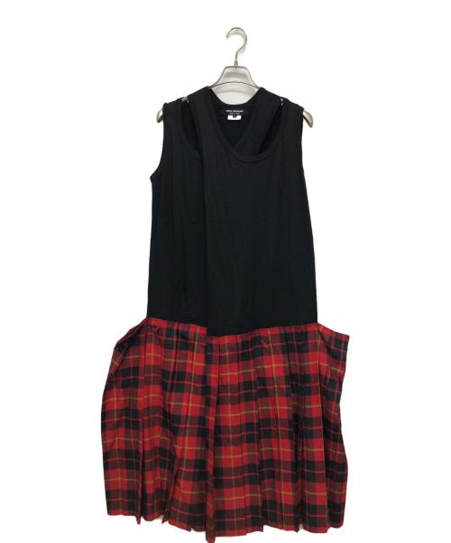 JUNYA WATANABE COMME des GARCONS（(ジュンヤワタナベ コムデギャルソン）JUNYA WATANABE COMME des GARCONS ((ジュンヤワタナベ コムデギャルソン) ウールポリエステル異素材切替ドッキングプリーツワンピース ブラック×レッド サイズ:Sの古着・服飾アイテム