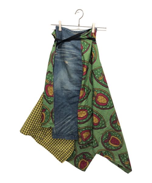 JUNYA WATANABE COMME des GARCONS（(ジュンヤワタナベ コムデギャルソン）JUNYA WATANABE COMME des GARCONS ((ジュンヤワタナベ コムデギャルソン) African Print Wrap Denim Skirt(アフリカンプリントラップデニムスカート) グリーン サイズ:Sの古着・服飾アイテム