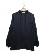 flickaフリッカ）の古着「パールボタンフリルブラウス」｜ネイビー