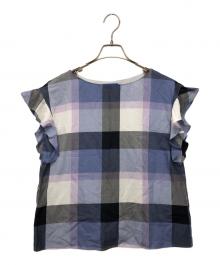 BLUE LABEL CRESTBRIDGE（ブルーレーベルクレストブリッジ）の古着「袖フリルノースリーブチェックブラウス」｜ブルー