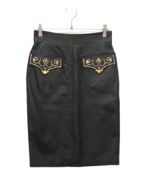 GIANNI VERSACE（ジャンニ・ヴェルサーチ）GIANNI VERSACE (ジャンニ・ヴェルサーチ) メデューサボタンレザーミディスカート ブラック サイズ:44の古着・服飾アイテム