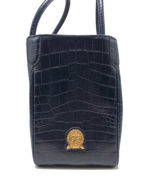 A.D.M.J.（エーディーエムジェイ）A.D.M.J. (エーディーエムジェイ) 型押しハンドバッグ ネイビーの古着・服飾アイテム