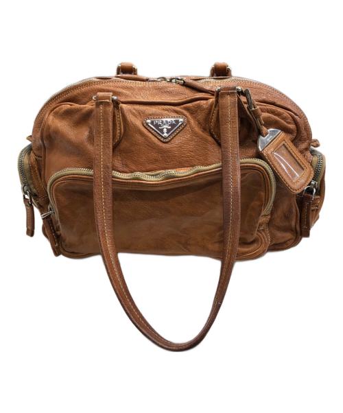 PRADA（プラダ）PRADA (プラダ) ウォッシュ加工レザーハンドバッグ ブラウンの古着・服飾アイテム