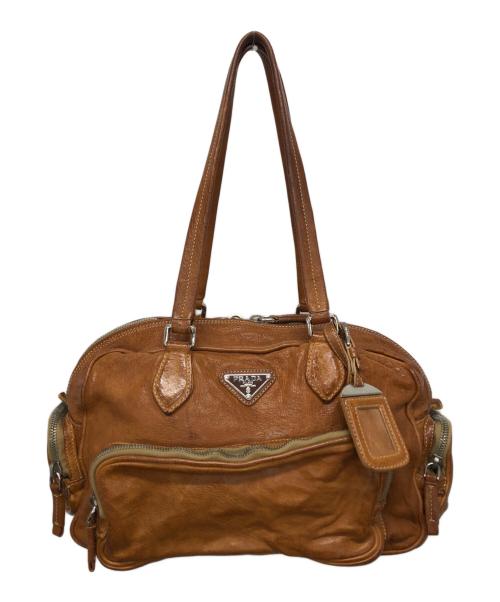 PRADA（プラダ）PRADA (プラダ) ウォッシュ加工レザーハンドバッグ ブラウンの古着・服飾アイテム