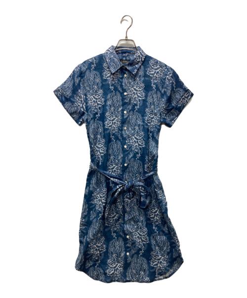 LAUREN RALPH LAUREN（ローレンラルフローレン）LAUREN RALPH LAUREN (ローレンラルフローレン) 総柄ベルテッドリネンワンピース ブルー サイズ:2 未使用品の古着・服飾アイテム