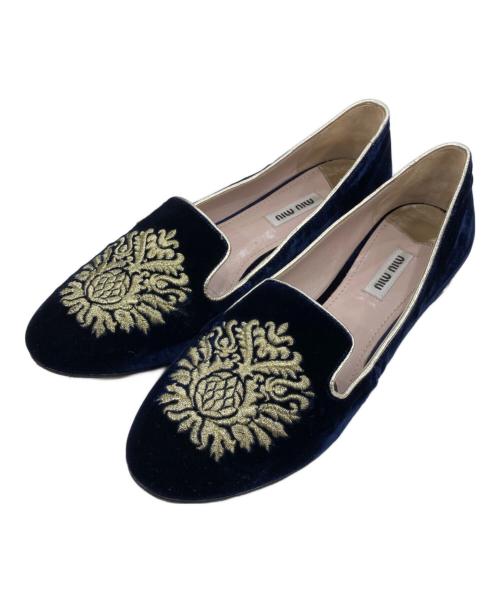 MIU MIU（ミュウミュウ）MIU MIU (ミュウミュウ) 刺繍ベロアオペラシューズ ネイビー サイズ:SIZE 37.5の古着・服飾アイテム