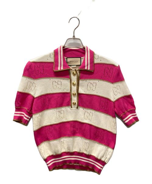 GUCCI（グッチ）GUCCI (グッチ) GGボーダーニットポロシャツ ピンク×アイボリー サイズ:Sの古着・服飾アイテム