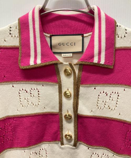 GUCCI（グッチ）GUCCI (グッチ) GGボーダーニットポロシャツ ピンク×アイボリー サイズ:Sの古着・服飾アイテム