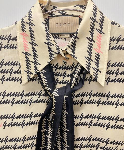 GUCCI（グッチ）GUCCI (グッチ) スクリプトプリントシルクシャツ アイボリー サイズ:38の古着・服飾アイテム