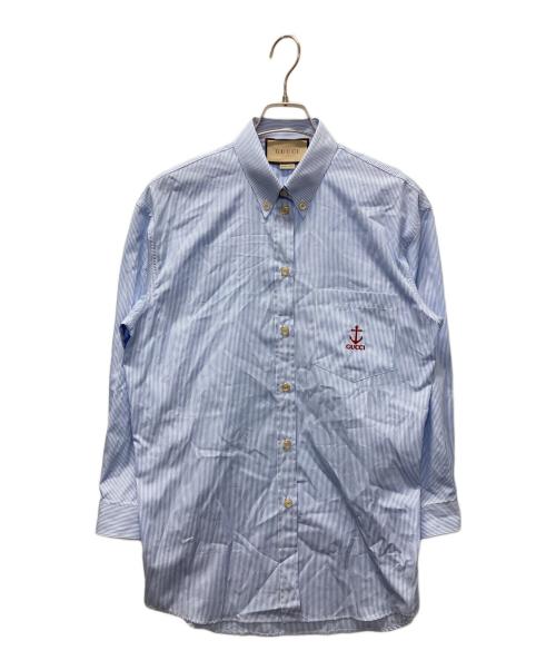 GUCCI（グッチ）GUCCI (グッチ) 刺繍ロゴストライプシャツ ブルー サイズ:36の古着・服飾アイテム