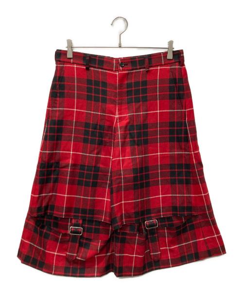 BLACK COMME des GARCONS（ブラックコムデギャルソン）BLACK COMME des GARCONS (ブラックコムデギャルソン) タータンチェックカットアウトベルトハーフパンツ レッド×ブラック サイズ:Lの古着・服飾アイテム