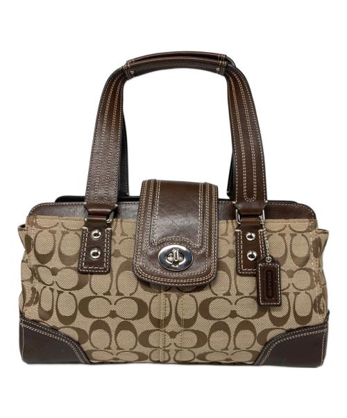 COACH（コーチ）COACH (コーチ) シグネチャーキャンバス レザーハンドバッグ ベージュの古着・服飾アイテム