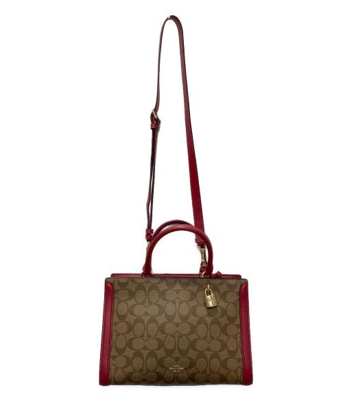 COACH（コーチ）COACH (コーチ) ゾーイ ギャラリー/シグネチャー2WAYバッグ ブラウン×レッドの古着・服飾アイテム
