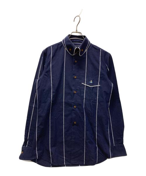 Vivienne Westwood man（ヴィヴィアンウエストウッドマン）Vivienne Westwood man (ヴィヴィアン ウェストウッド マン) オーブ刺繍ストライプシャツ ネイビー サイズ:2の古着・服飾アイテム