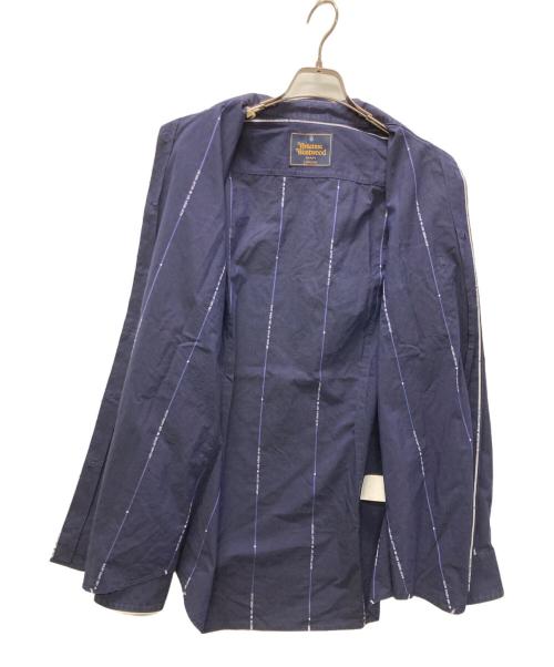 Vivienne Westwood man（ヴィヴィアンウエストウッドマン）Vivienne Westwood man (ヴィヴィアン ウェストウッド マン) オーブ刺繍ストライプシャツ ネイビー サイズ:2の古着・服飾アイテム