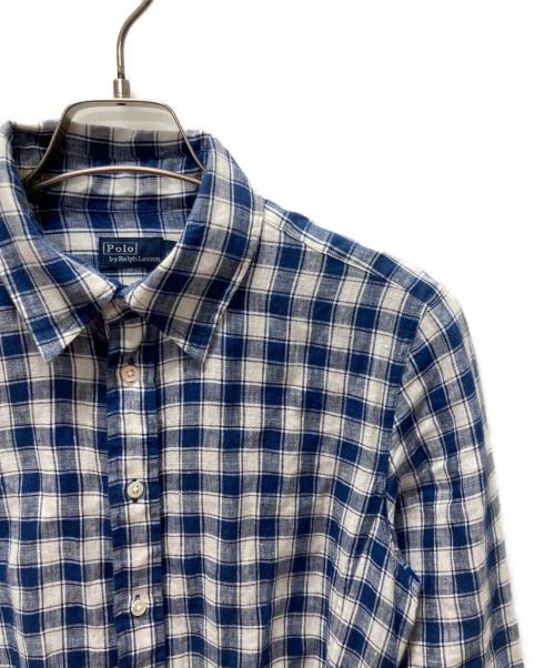 POLO RALPH LAUREN（ポロ・ラルフローレン）POLO RALPH LAUREN (ポロ・ラルフローレン) リネン チェックシャツワンピース ホワイト×ブルー サイズ:4の古着・服飾アイテム