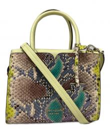 Kate Spade（ケイトスペード）の古着「Spencer Snake-Embossed Mini Satchel/スペンサー スネークエンボス ミニサッチェル」｜黄緑×ブラウン