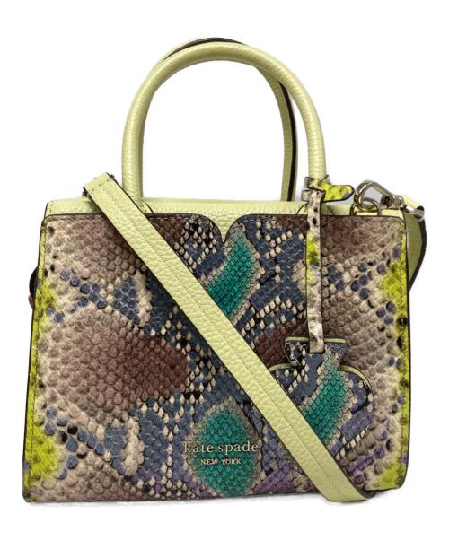 Kate Spade（ケイトスペード）Kate Spade (ケイトスペード) Spencer Snake-Embossed Mini Satchel/スペンサー スネークエンボス ミニサッチェル 黄緑×ブラウンの古着・服飾アイテム