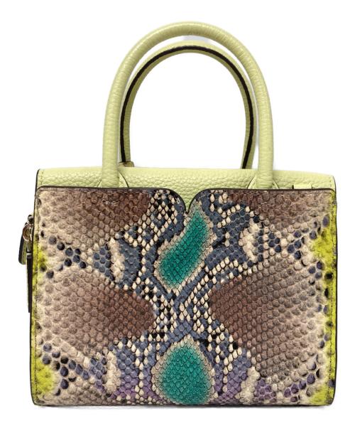 Kate Spade（ケイトスペード）Kate Spade (ケイトスペード) Spencer Snake-Embossed Mini Satchel/スペンサー スネークエンボス ミニサッチェル 黄緑×ブラウンの古着・服飾アイテム